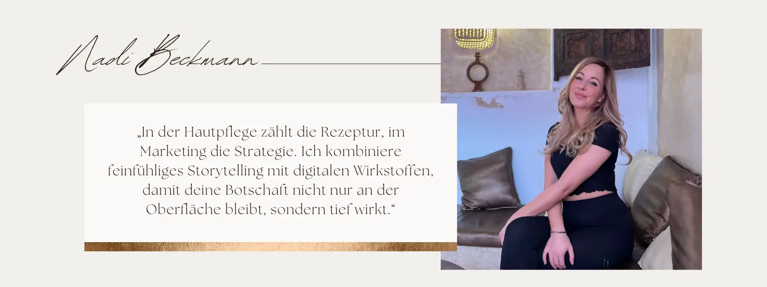 Nadi Beckmann UGC Creator Beauty Marketing. Porträt von Nadi Beckmann in einem eleganten, hellen Interieur mit einer Metapher über Beauty-Storytelling und digitales Marketing.