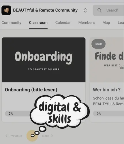 Classroom der BEAUTYful & Remote Community auf Skool mit Onboarding und Ikigai Kurs