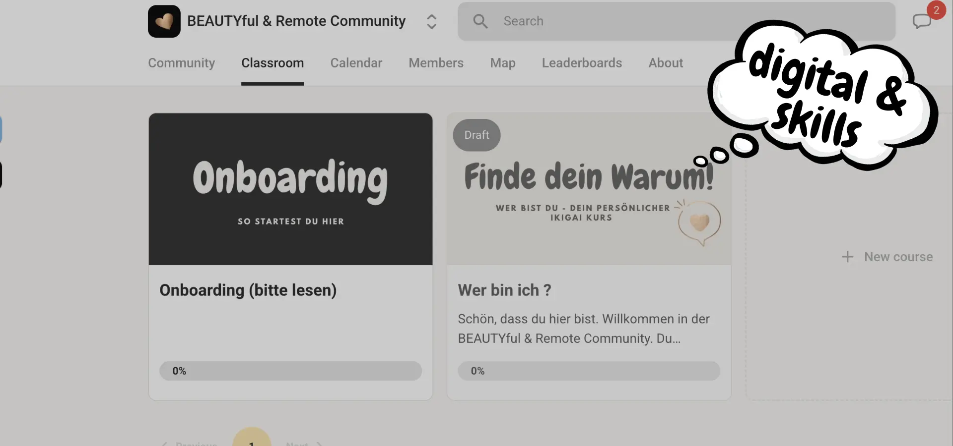 Classroom der BEAUTYful & Remote Community auf Skool mit Onboarding und Ikigai Kurs