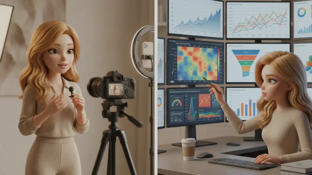 Frau erstellt Content vor der Kamera und analysiert gleichzeitig Daten und SEO Funnel auf mehreren Bildschirmen
