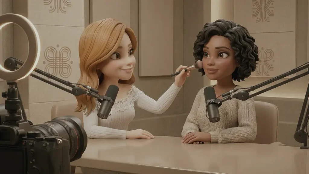 Frau trägt während einer Podcast Aufnahme Make-up bei einer Kundin auf, mit Mikrofonen, Kamera und Ringlicht im Studio