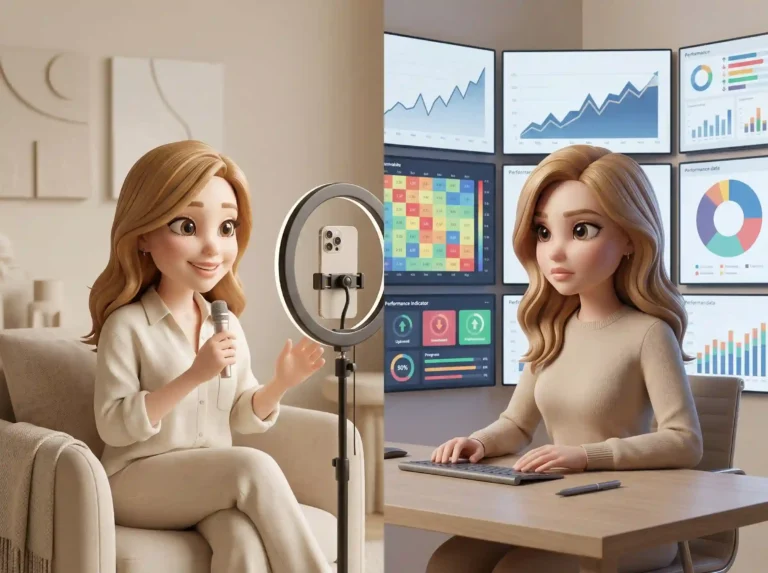 Comedy Twin Creator filmt entspannt UGC Content, während daneben datenbasierte Performance-Analyse am Laptop erfolgt -Vergleich zwischen UGC und Werbeanzeige