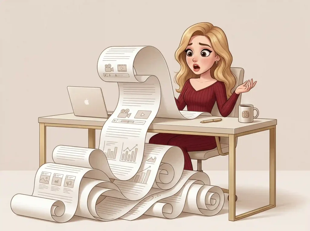 Comedy Twin Creator sitzt überrascht vor einem sehr langen Vertrag mit Infografiken -Symbol für Scope Creep zwischen UGC und Werbeanzeige