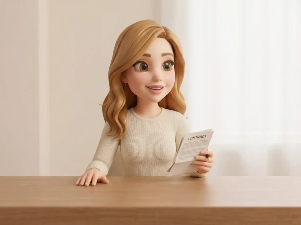 Comedy Twin Creator sitzt ruhig am Tisch und hält einen Vertrag in der Hand – Symbol für klare Kommunikation zwischen UGC und Werbeanzeige