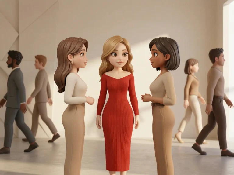 Frau im Mittelpunkt spricht mit zwei passenden Personen, während andere Menschen im Hintergrund vorbeigehen und weniger sichtbar sind